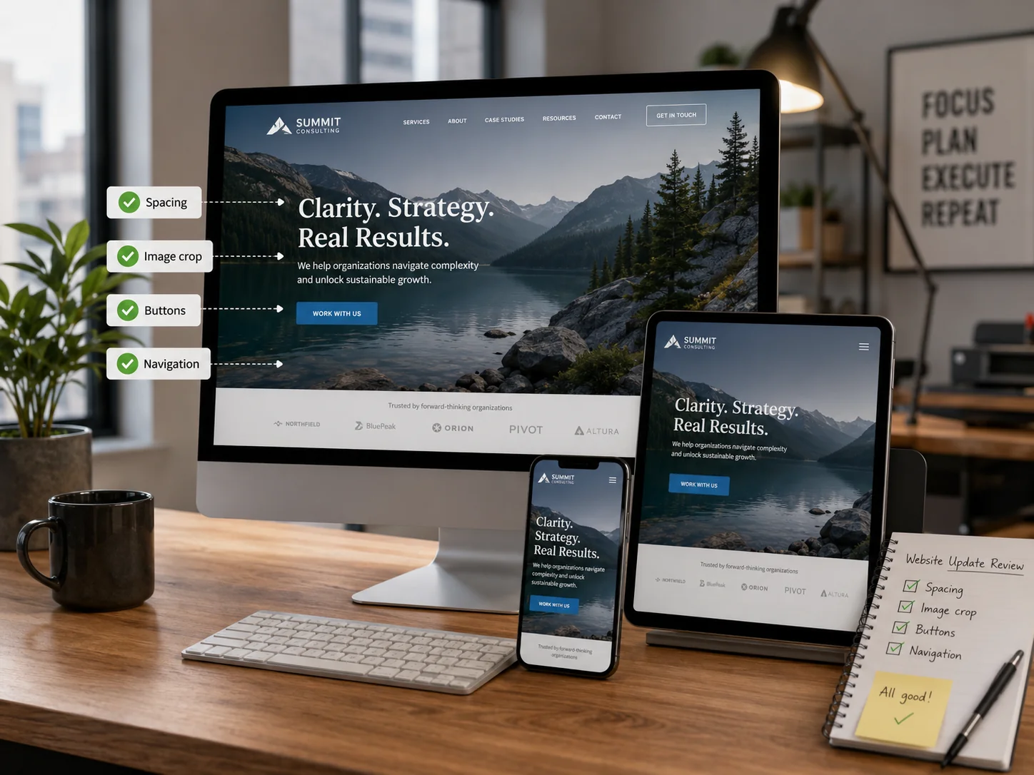 Website update tested across desktop tablet and mobile screens