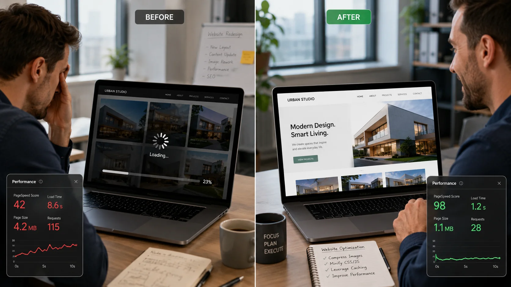 Website performance review showing speed and mobile issues
