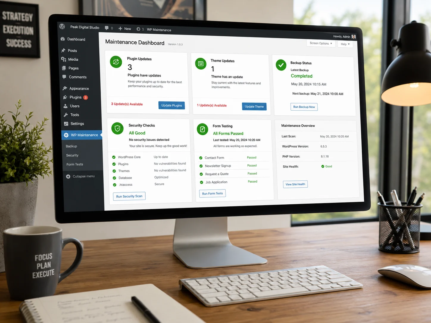 WordPress website maintenance dashboard with updates and backups